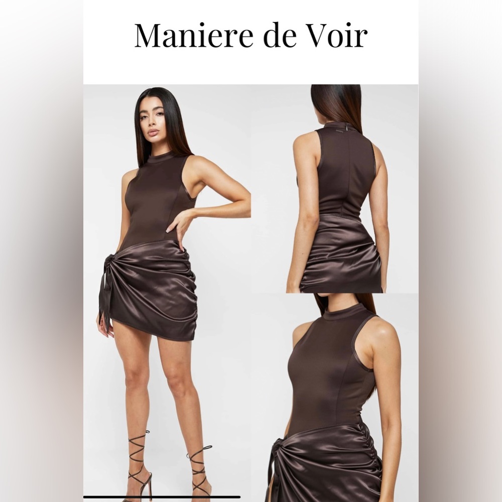 Maniere de Voir | Neoprene & Satin Wrap Bodycon Dress - Brown